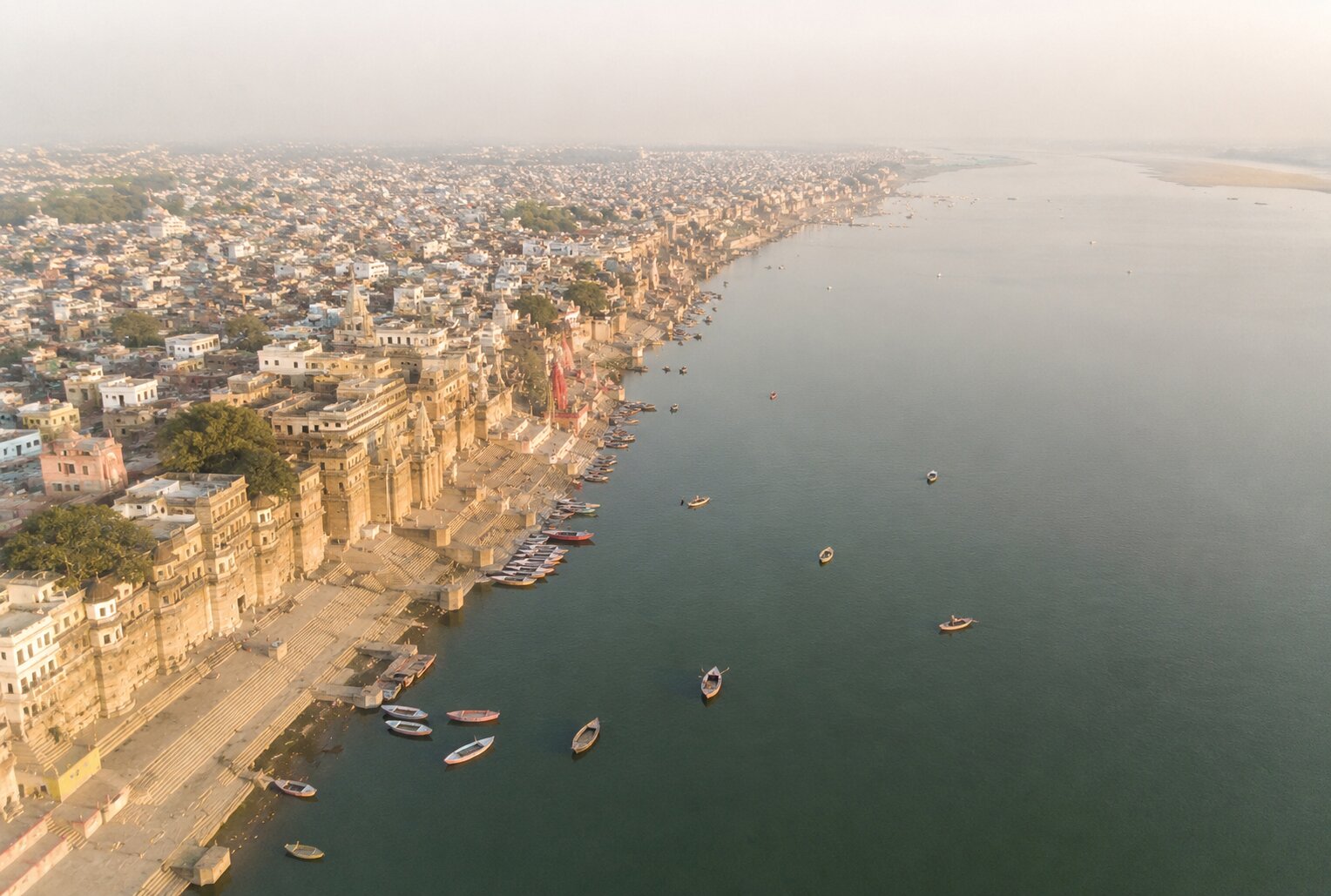 View of temples and ghats along the Ganga river during daytime