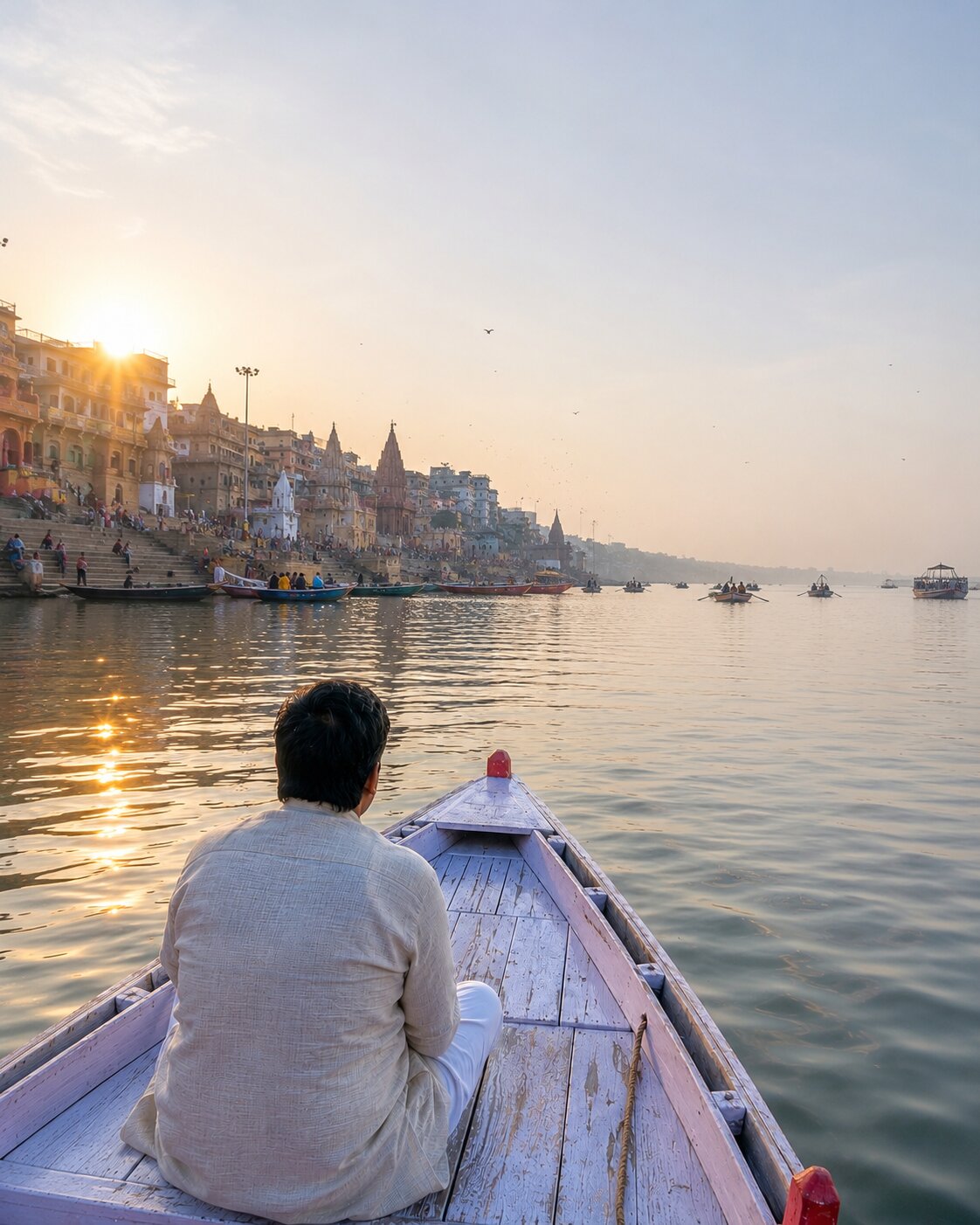 Wooden boats on the River Ganga during sunrise
