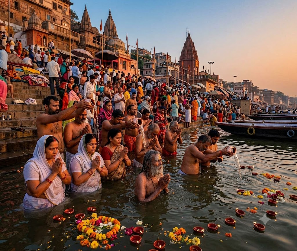 Pilgrims offering prayers while taking a holy dip in the river