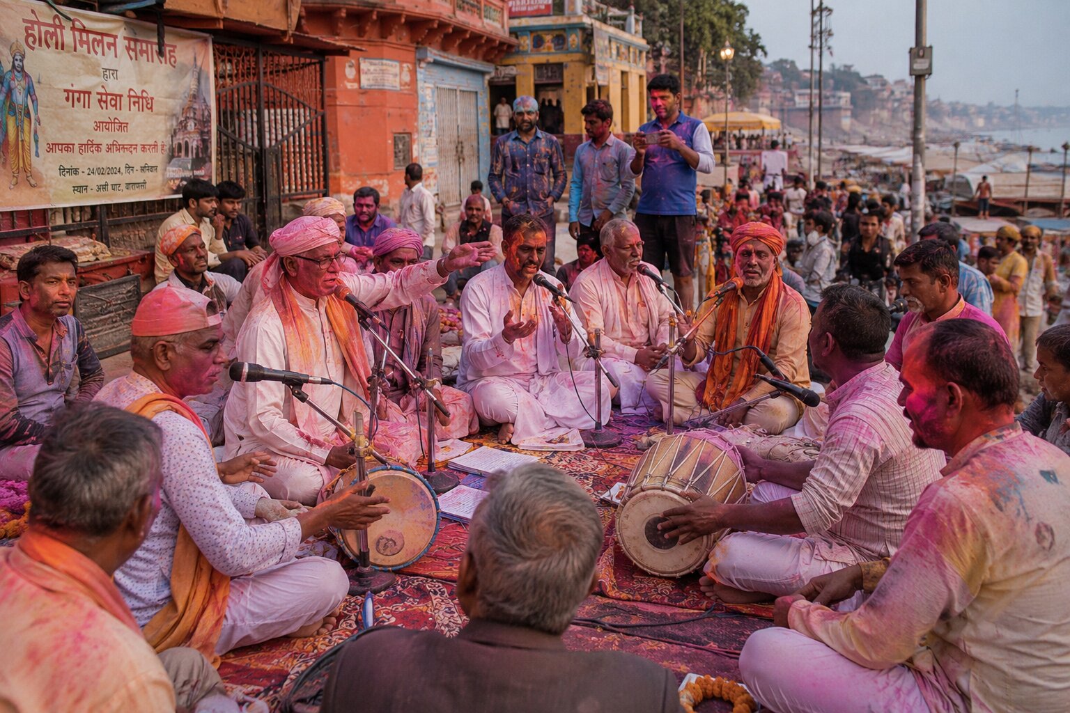 Musicians playing traditional instruments during Holi