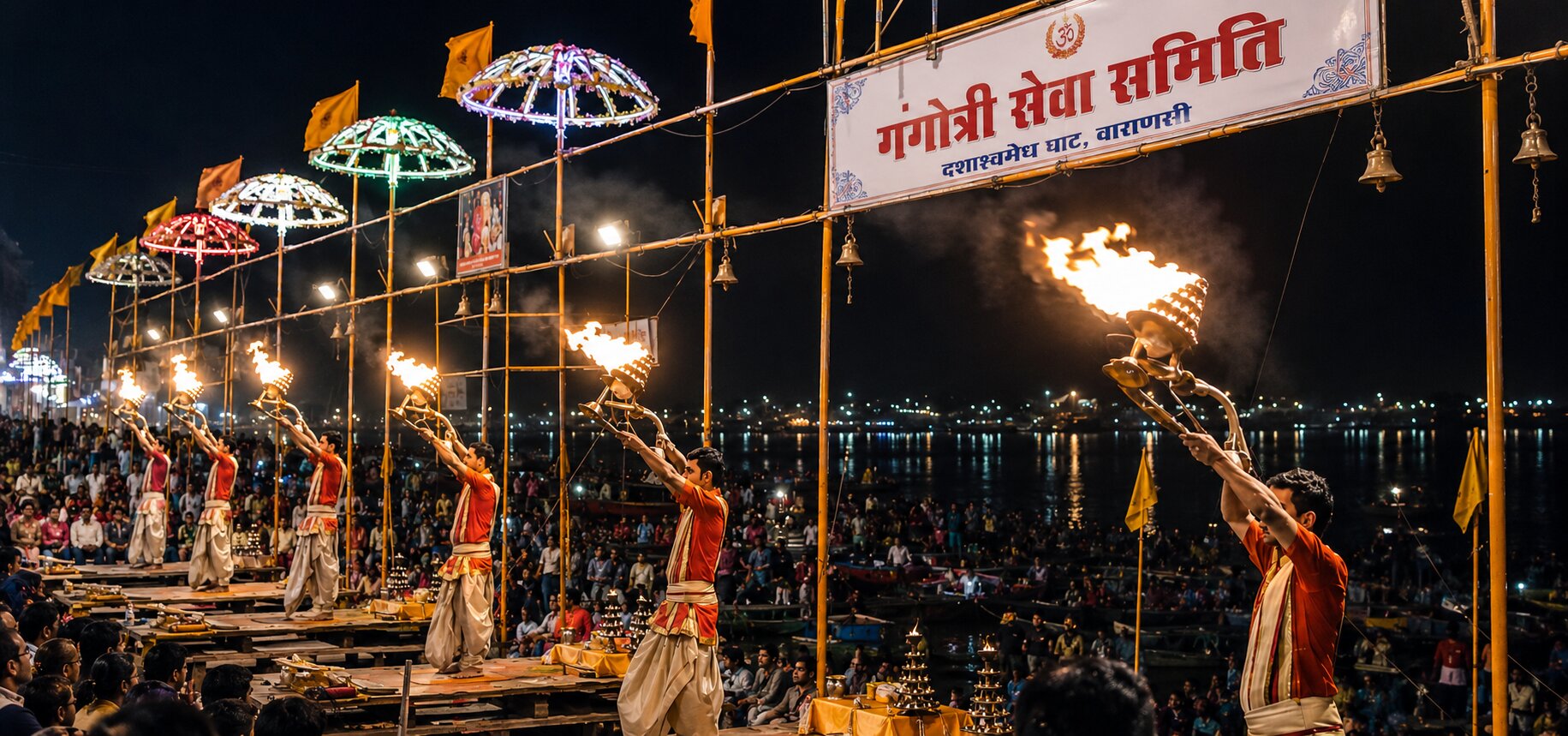 Golden evening view of Varanasi ghats beside the Ganga