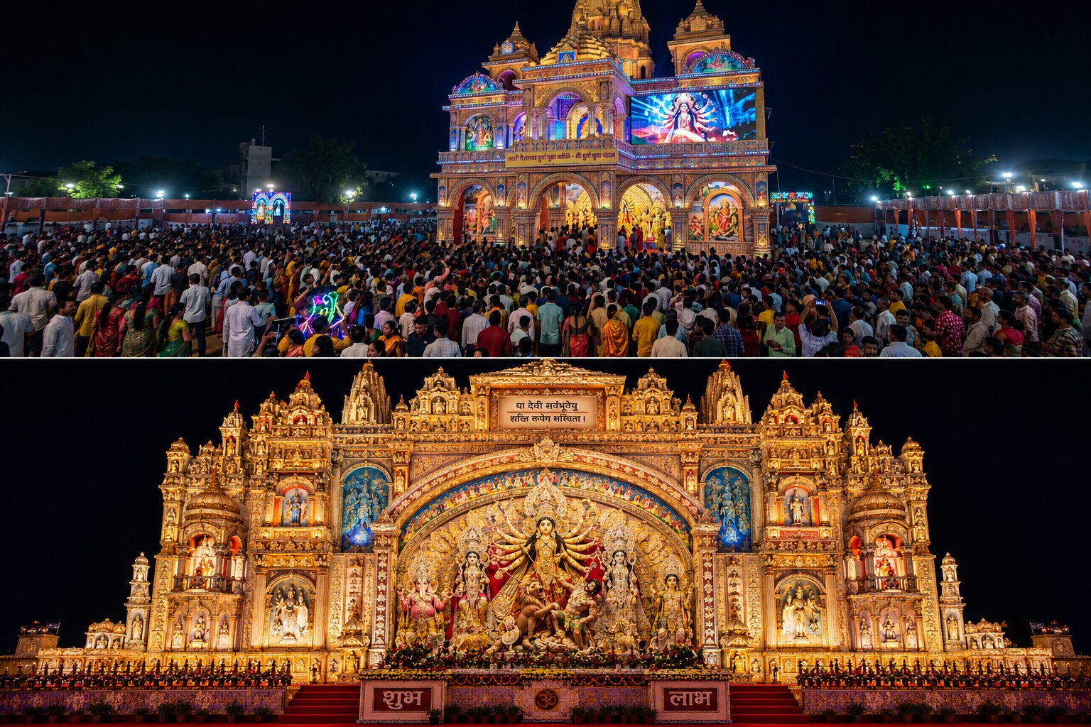 Devotees gathering at a grand illuminated Durga Pandal in Varanasi